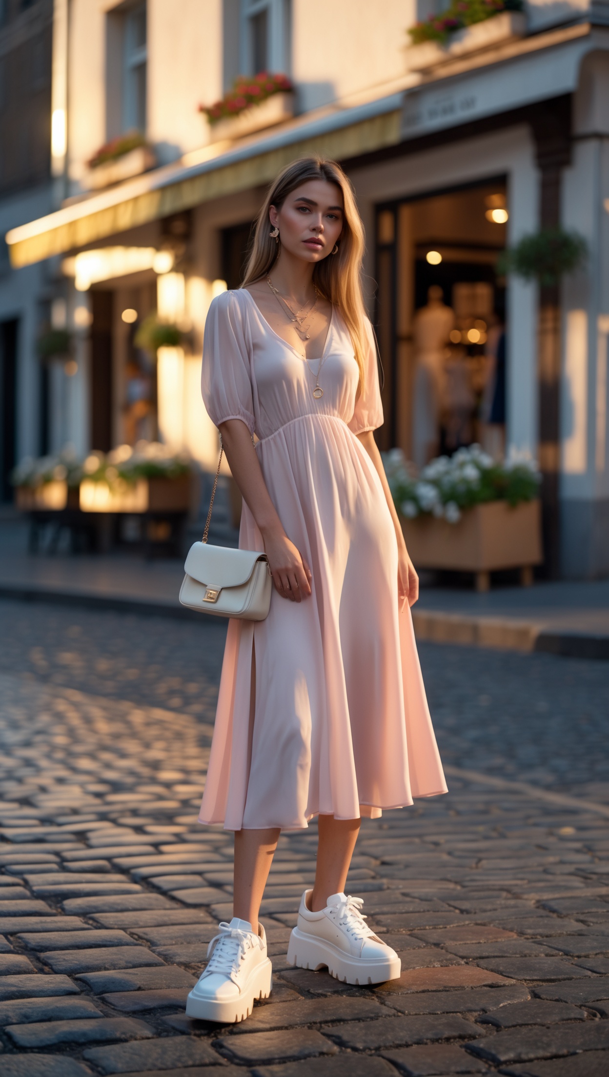 Bold Sneakers Meet Soft Feminine Style